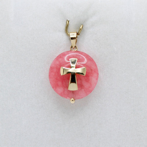 Dije de Cruz en Piedra Rosada y Oro 14k