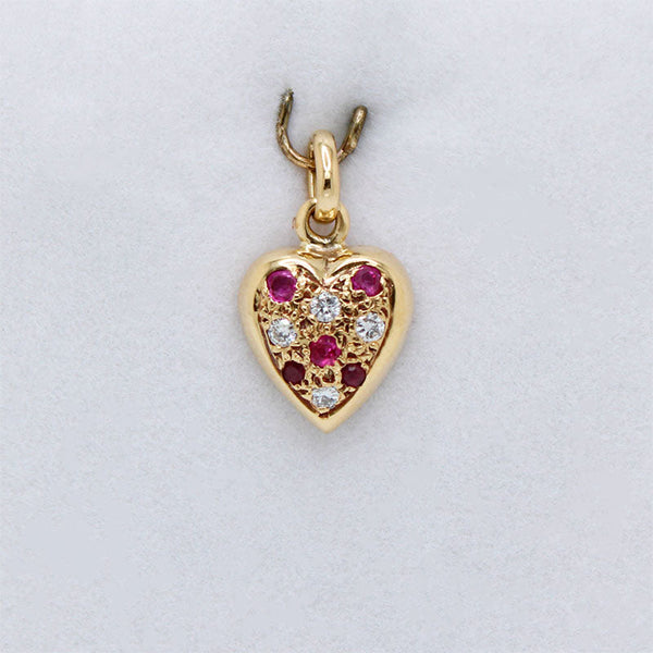 Dije Forma de Corazón en Oro 18k, Brillantes y Rubies